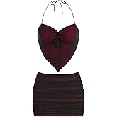 Verdusa Women's 2 Piece Rave Outfits Asymmetrical Tie Back Halter Crop Top with Ruched Mini Skirts Sets