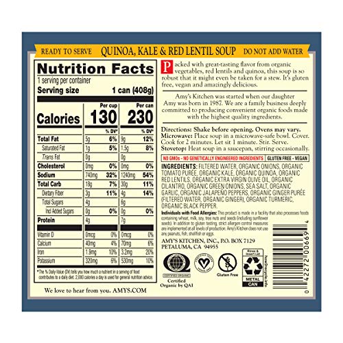 Amy's Soup, Vegan, Gluten Free, Organic Kale, Quinoa and Red Lentil, 14