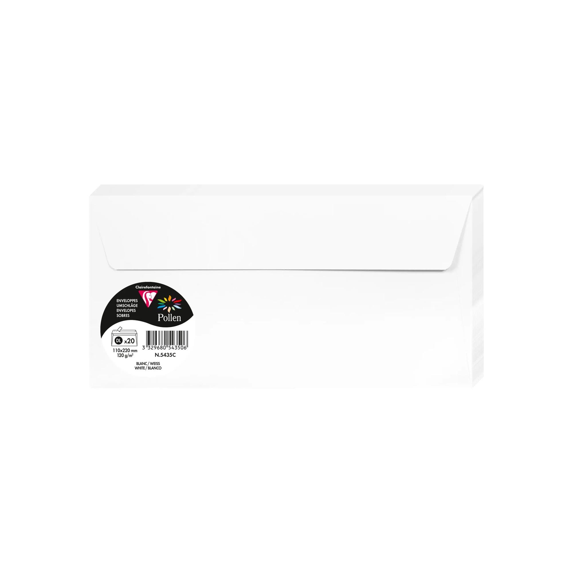 Clairefontaine 5435C Pack of 20 Self-Adhesive Envelopes Format DL 11x22cm 120gsm colour White Invitation Events Correspondence Pollen Range Premium Paper