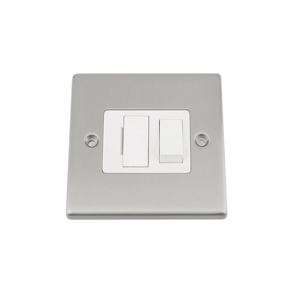 Fused Switch - Satin Matt Chrome - Square - White Insert Plastic Switch - 13 Amp Switched Fused Spur Unit
