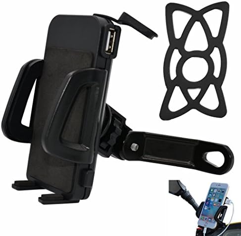 PROCYMD 2 in 1 Waterproof 12V to 24V Motorcycle Cell Phone Mount Holder with 5V 2.4Amp USB Charger/Power Switch/ 3.3FT Power Cable/Safety Bands/Rearview Mirror Mount (Black)
