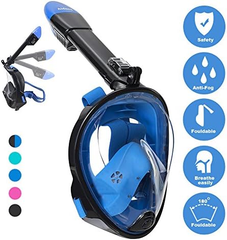 Aidong 180° Full Face Snorkel Mask with Panoramic View Anti-Fog Design,Foldable Storage,See More With Larger Viewing Area Than Traditional Masks (180° Panoramic Fold Black/Blue, Large/Extra Large)