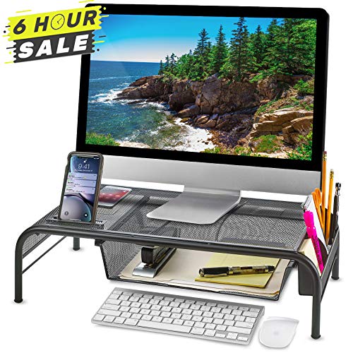 Monitor Stand Riser, Mesh Metal Desktop for Computer/Laptop TV Printer with Pull Out Drawer. New Design with Two Cellphone Slots. Two Compartments for Storage Organizer [Upgraded] by House Ur Home