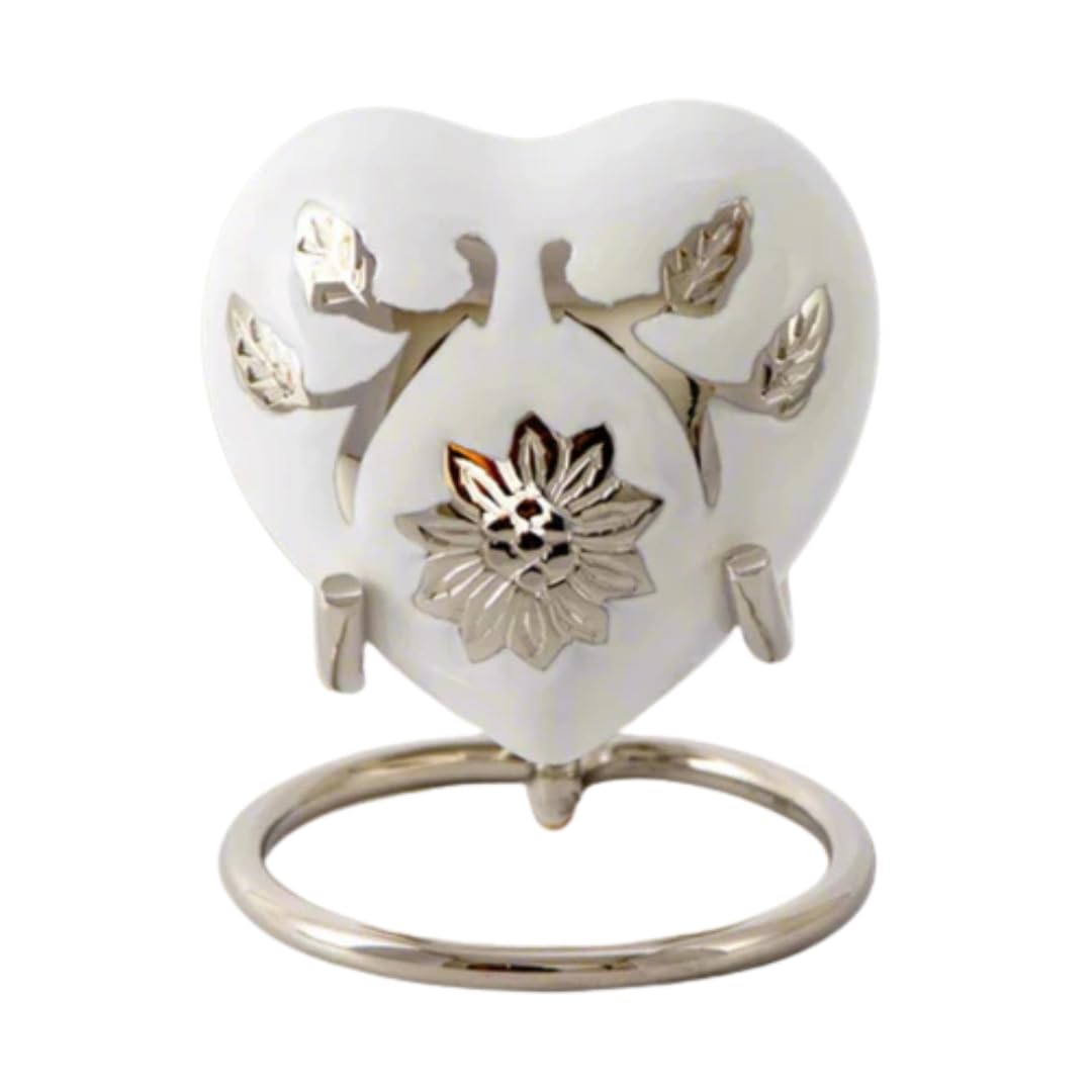 Royal Rapture Urn for Ashes Funeral Memorial Cremation Keepsake Love Urns Decorative Brass Heart with Stand (White Flower, 3") RHM03-22 — image 1