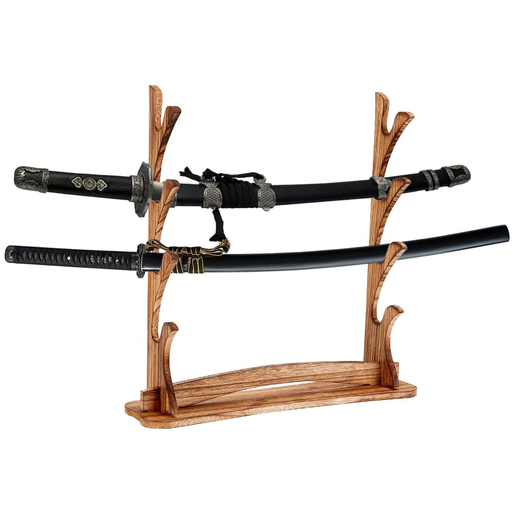 AHANDMAKER Sword Stand Wooden Sword Katana Holder Stand Desktop Bracket Samurai Sword Display Sword Organization Light Saber Display Stand for Flute, Sword, Tan Color(4 Tier)