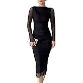 Women Ruched Bodycon Midi Dresses Sheer Long Sleeves Boat Neck Casual Formal Slim Fit Spring Fall Dress