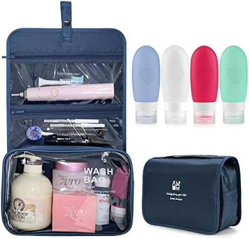Xultrashine Hanging Travel Toiletry Bag with 4 Refillable Silicone Travel Bottles Toiletry Organizer Kit Makeup Bag for Travel Accessories, Shampoo, Cosmetic, Personal Items