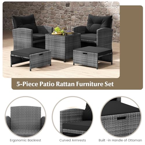 Tangkula 5 Piece Patio Rattan Furniture, Wicker Cushioned Chairs Set with 2 Ottomans & Tempered Glass Coffee Table, for Poolside, Backyard, Lawn, Deck