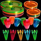 Upper Midland Products Neon Glow Party Supplies Set, Servers 32, Includes 9 and 6 Inch Plates, 9 OZ Cups, Forks,Spoons, Knives, 32 of Each, Perfect for Blacklight UV Parties