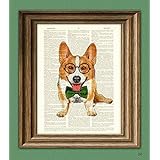 Poindexter the Teacher's Pet Corgi With Glasses and Bow Tie Corgi Dog Original Art Vintage Dictionary Page Book Art Print