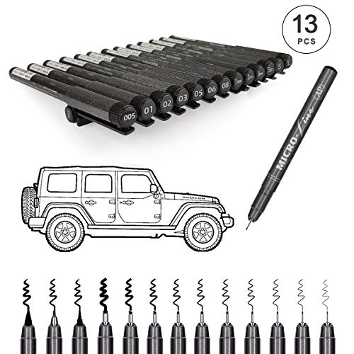 Micro line Pens, Bowite Black Fine Tip Writing Drawing Markers Pens, 13 Size, Fine Line Point Marker Pen Set for Illustration, Office, Sketch and more