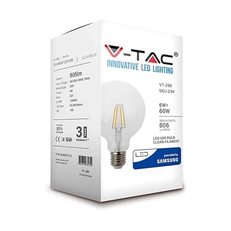 V-TAC 6W (55W) G95 Form Vintage Bernstein Glühfaden LED Birne mit Samsung LED E27 ES (Edison-Gewinde) [Energieeffizienzklasse