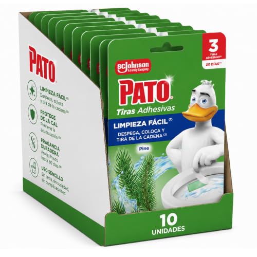 Tiras Adhesivas WC Pino, Limpia, Refresca y Perfuma el Inodoro, Frescor Intenso, Pack de 10 = 30 Tiras