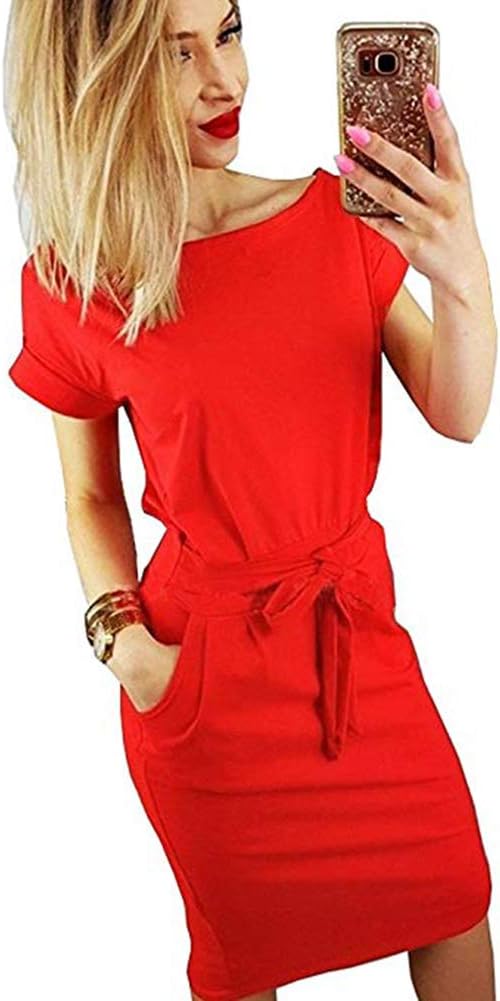 Women's Elegant Short Sleeve Wear to Work Casual Pencil Dress with Belt (Small, Red)