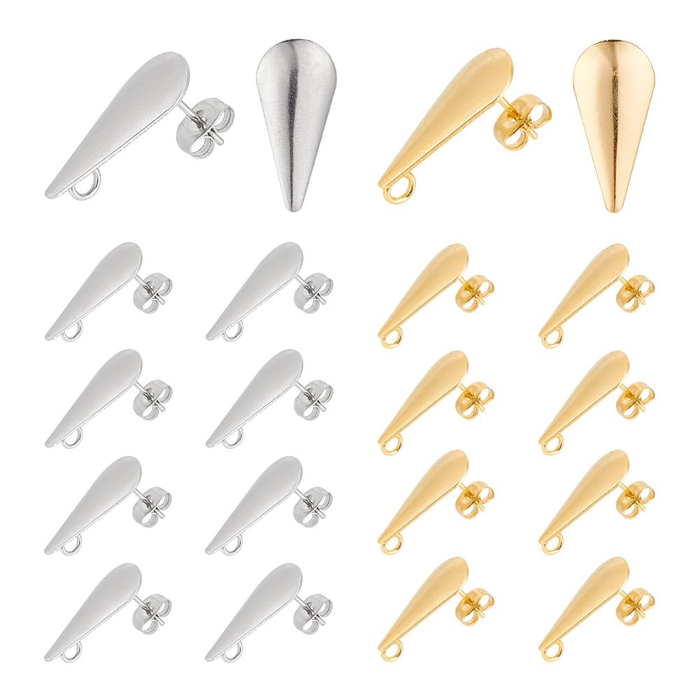 UNICRAFTALE 20pcs Teardrop Stud Earrings 304 Stainless Steel Stud Earring Findings with Loop 0.8mm Pin Golden & Stainless Steel Color Earring Studs for Jewelry Making Findings, Hole 3mm