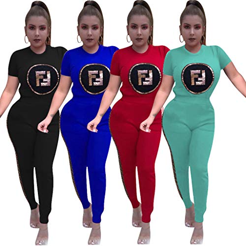 Women Two Piece Outfits - Short Sleeve Summer Sweatsuit Jogging Suit Pants Set Activewear Red L