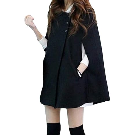 Geili Damen Herbst Winter Lose Umhang Mantel Poncho Kap Große Größen Einfarbige Knöpf Wollmantel Wolljacke Parka Übergangsjac
