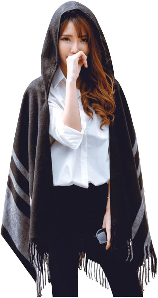 Women's Plaid Capes Shawl, Pattern Wrap with Hoodies Thicken Poncho Cape
