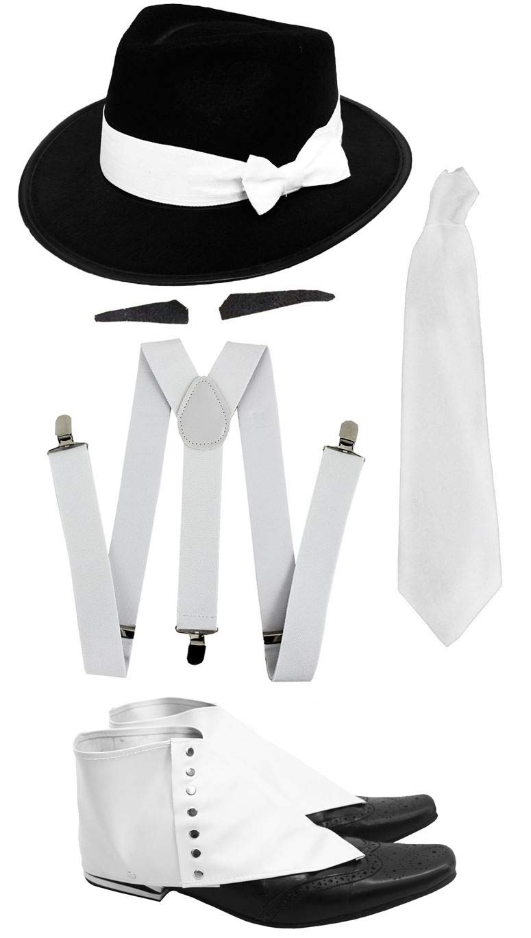 Adults Gangster Set Fancy Dress Accessory Costume Kit - White Braces + White Tie + Spiv Tash + Spats + Black Trilby Fedora Hat - Perfect for Fancy Dress Parties