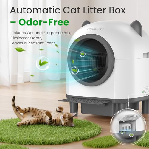 OROLEY Self-Cleaning Litter Box, Automatic Cat Litter Box with APP Control & Safety Sensor，Large Capacity Design for Multiple Cats,Built-in Deodorizing Scent Box and Garbage Bags,White