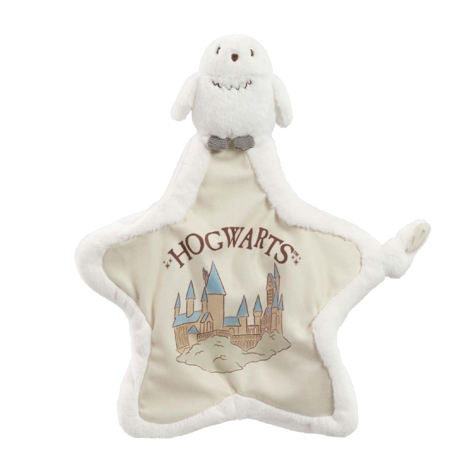 Rainbow Designs Harry Potter Hedwig Comfort Blanket - Soft Plush Newborn Comforter with Snowy Owl Design - Star-Shaped Baby Blanket with Hogwarts Illustration & Knotted Corner for Sensory Play