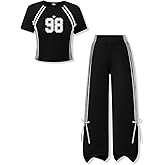 Vitalique Size 7-14 Years Tween Girls' 2 Piece Outfits Digital Print Striped Top and Wide-Leg Pants Y2K Summer Clothing Set