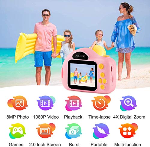 AILEHO Kids Camera for Girls Birthday Holiday Children Digital Video Camera for Kids Age 3 4 5 6 7 8 9 Years Old Toy Gifts Toddler Camera 8M 1080P 8GB Card Mini Toy Camera IPS 2\