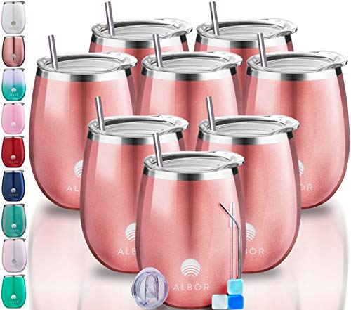 Albor Triple Insulated Wine Tumbler with Lid Stainless Steel 12 Oz Tumbler Rose Gold (8 Pack)