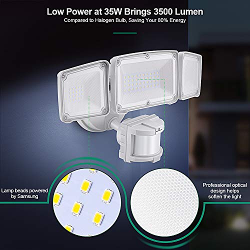 LED Security Lights, 35W Motion Sensor Light Outdoor, GLORIOUS-LITE 3 Head Flood Light with Dusk to Dawn Mode, 5500K-6000K, IP 65 Waterproof, ETL Certified for Garage, Yard, Porch, Entryways - White