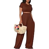 Women's Casual Summer 2 Piece Outfits Short Sleeve Crop Top Wide Leg Pants Set Jumpsuits