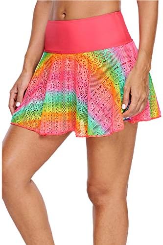 Womens Summer Sexy Swim Skirt Lace Floral Skirtini Bikini Bottom Swimskirt, Ladies 2019 Flower Printed Mesh Swim Dress Layered Swim Skirted Bikini Bottoms with Attached Brief