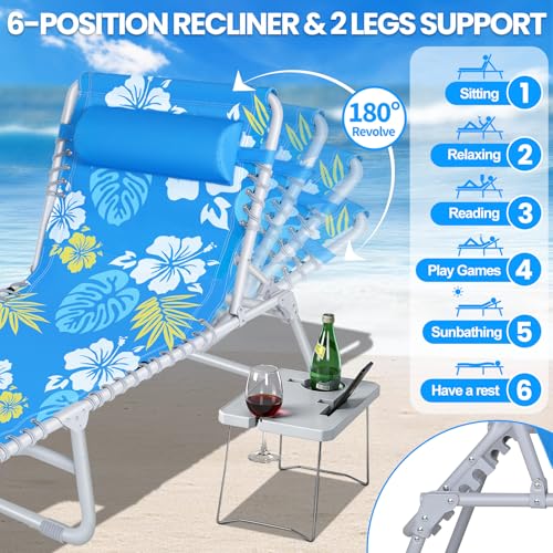 KingSom Tumbona Plegable con Agujero para la Cara, Tumbona Jardín Exterior con Mesa Plegable, Capacidad de 160kg,Tumbona Playa Reclinable de 6 Posiciones con Reposacabezas&Bolsillo,para Jardín,Piscina
