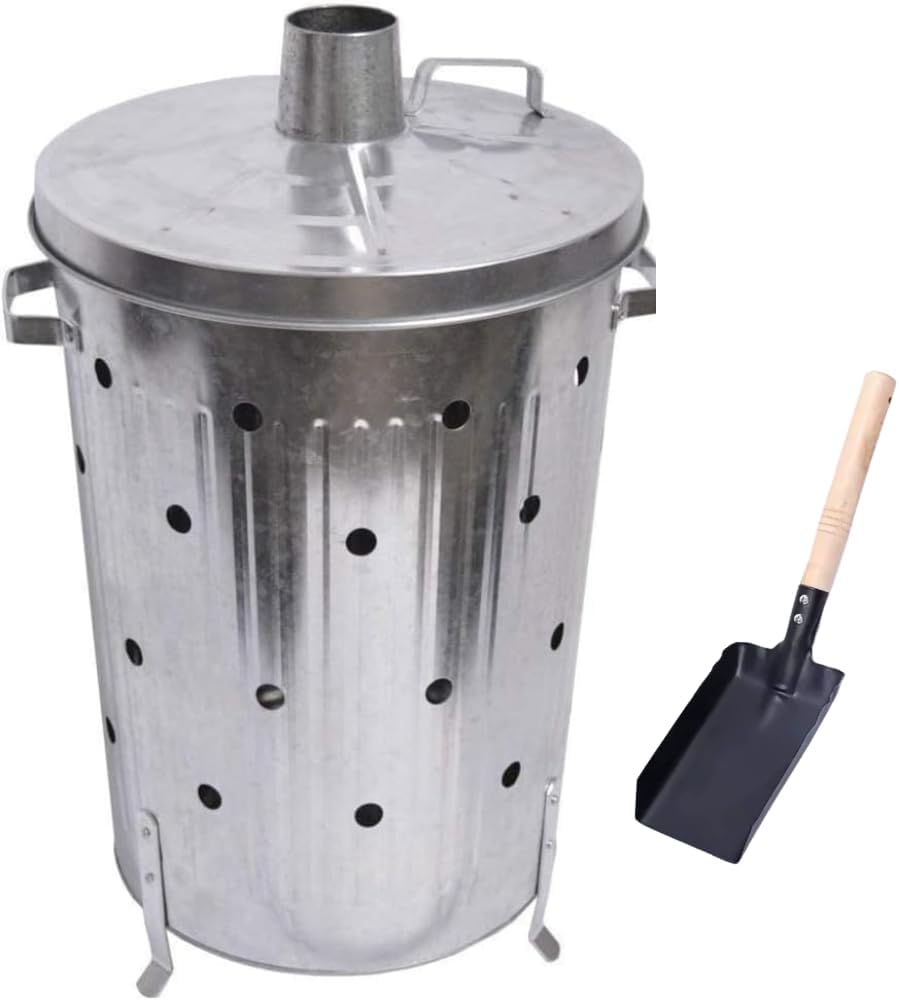Trendi 90 Litre Galvanised Incinerator with Shovel Firewood Leaves Box Lid
