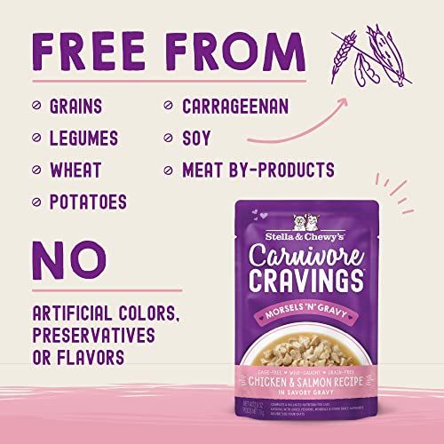 STELLA & CHEWY’S CARNIVORE CRAVINGS MORSELS & GRAVY CHICKEN & SALMON RECIPE WET CAT FOOD POUCHES – (2.8 OUNCE POUCH, CASE OF 12)