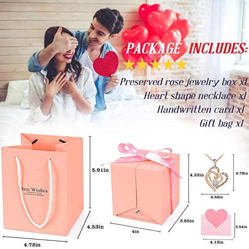 Mom Gifts, Preserved Rose Jewelry Box with Heart Necklace,Gift Box and Cards, Gifts Ideas for Her, Gift Card Eternal Flowers for Mothers Day, Valentines, Birthday, Anniversary