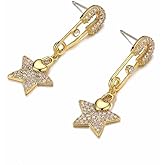 14K Gold Plated Paperclip Earrings for Women Fashionable Design Five Pointed Stars and Heart Shaped Pendants Dainty Safety Pin Earrings Trendy Jewelry Gifts