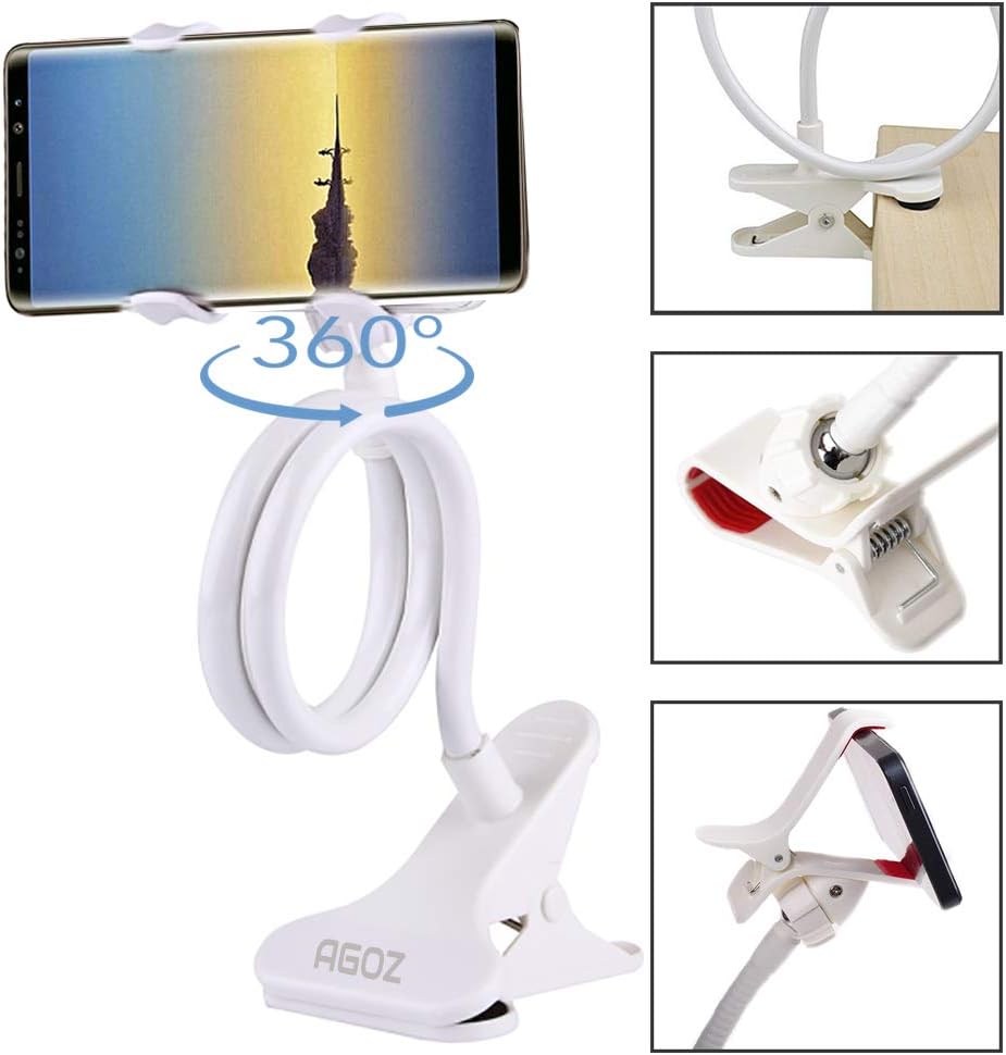 Cell Phone Holder,Agoz Clamp Mount Flexible Stand Table Desk Bed Office Kitchen for iPhone 12 PRO MAX, iPhone 11,XS Max,XR,X,8, Galaxy S21 S20 S10, Note 20 10, A71 A12 A21 A32 A51,LG Stylo 6 5 (White)