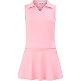 Kids Girls Tennis Golf Dress Outfit Sleeveless Dress with Pockets Athletic Skorts and Polo Tank Top Sets