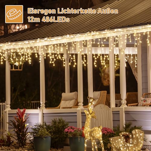 HeiPard Eisregen Lichterkette Außen 12m 486 LED Weihnachtsbeleuchtung Außen mit Stecker, 8 Leuchtmodi, Fernbedienung, Timer, Wasserdicht Lichtervorhang Aussen für Dachrinne, Geländer, Vorbau, Fenster thumbnail 2