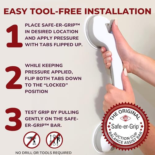Safe-er-Grip Changing Lifestyles Suction Cup Grab Bars For Bathtubs & Showers; Safety Bathroom Assist Handle, White & Grey, 16 Inches