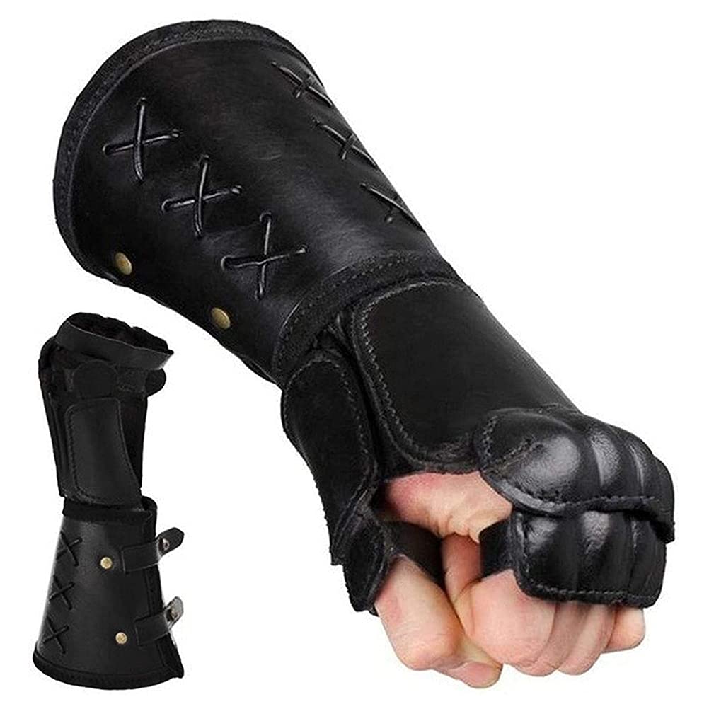 Ausla Medieval Knight Armor Bracer Long Gloves, Faux Leather Men Cosplay Knight Armour Viking Fenrir Gauntlet Warrior Knight Gloves (black)