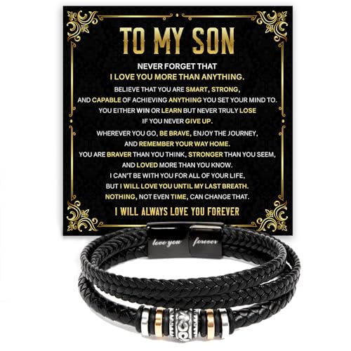 Mapileng To My Son Bracelet – Love You Forever Braided Leather Bracelet from Father and Mother, Meaningful Men’s Gift with Heartfelt Message & Elegant Box for Birthday, Graduation, Christmas
