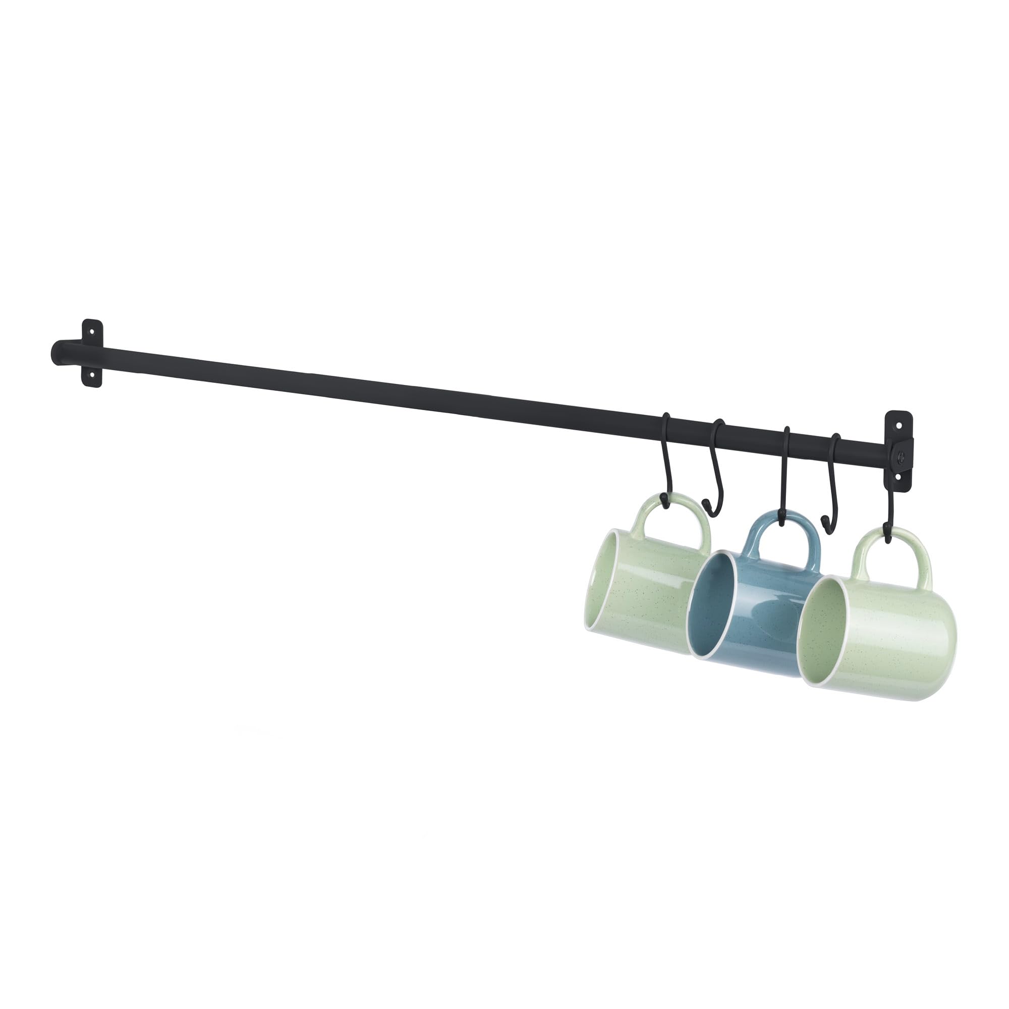 LIVIVO Hanging Rail for Storage Kitchen Hallway Holder Shelf Dish Drain Plates Bowl Utensil Cutlery Knives Pots Paper Towel Coats Jackets Clothes with 5 'S' Hooks (Single Rail 79cm, Black)