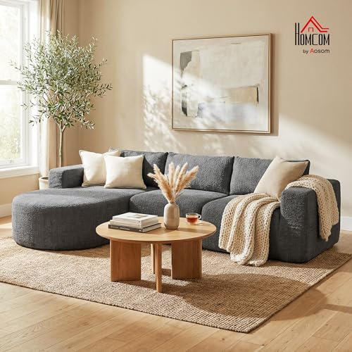 HOMCOM 106" Modular Sectional Sofa with Chaise and Deep Seat, 3-Seater L Shaped Cloud Couch, Upholstered Boneless Couch for Living Room, Bedroom, No Assembly Required, Dark Grey | Curved Foam Chaise