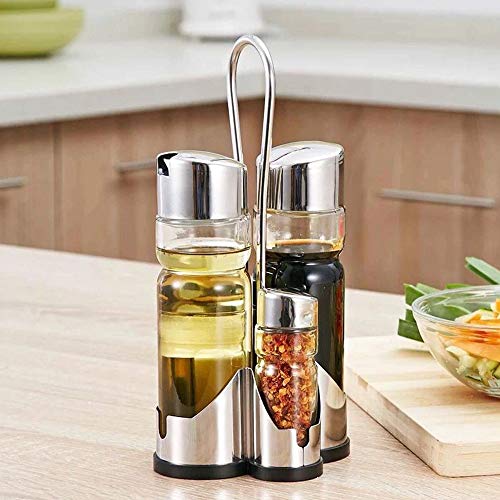 Spice Rack,Stainless Steel Stand Holder with 4 Empty Glass Bottles - Vinegar Bottles Set Including Olive Oil/Vinegar Dispensers Bottles,Cruet/Small Salt and Pepper Shaker. Perfect for Cooking & Grill.
