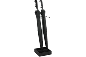 MyGift Modern Matte Black Metal Umbrella Holder Stand with Floral Design and Square Drip Tray Base, Freestanding Entryway Umbrella and Walking Cane Storage Rack Holder