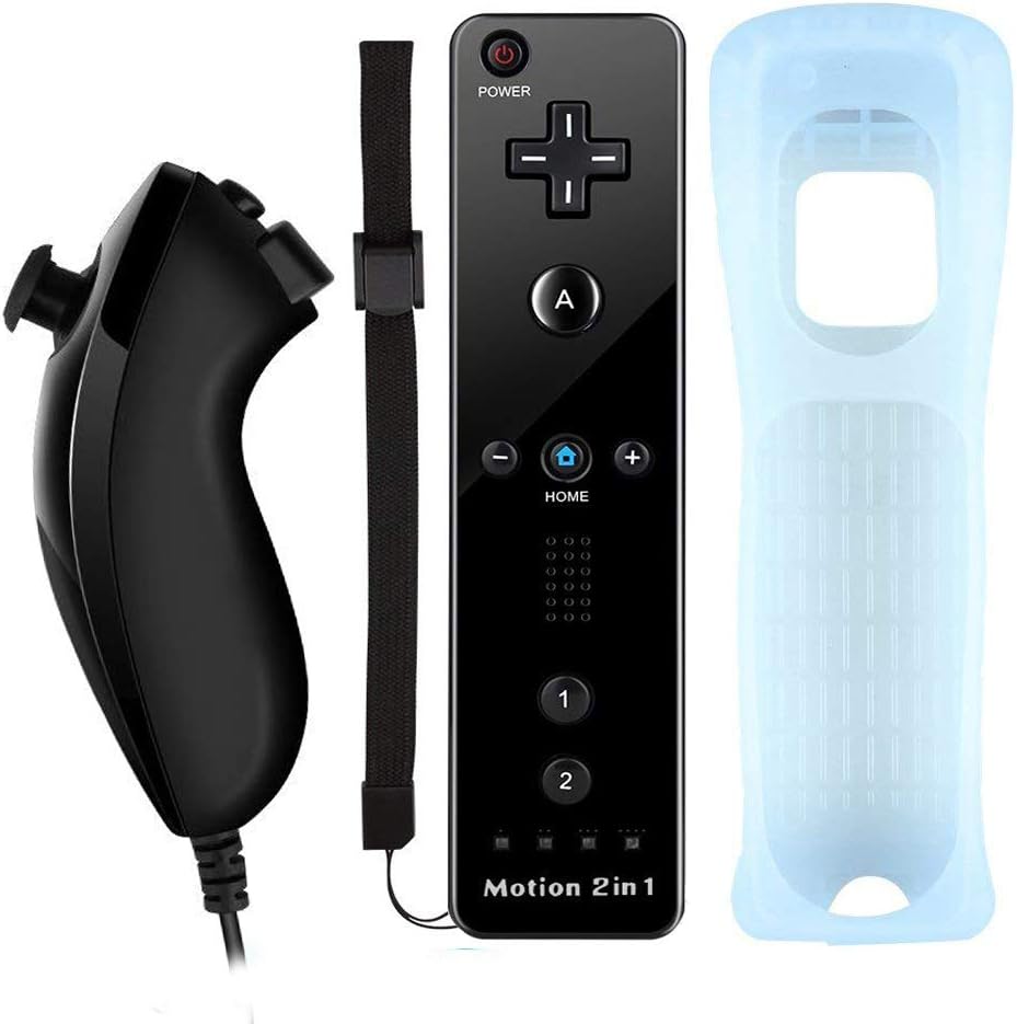 YingStar 2 in 1 Remote Controller Built in Motion Plus and Nunchuck Controller With Silicone Case and Wrist Strap for Wii and Wii U - Black (Third-party product)