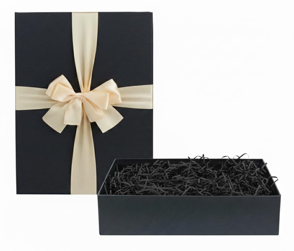 Emartbuy Black Paper + Black Rigid Gift Box with Ribbon – 34 x 23 x 8 cm – Luxury Cardboard Presentation Box|Premium Packaging for Hampers, Bridesmaid Gifts, Birthdays, Weddings, Corporate Gifting