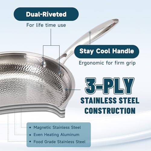 Vutlace Stainless Steel Frying Pan with Lid, 5-Ply Clad Titanium Frying Pan, Uncoated, Titanium Construction, Induction Cookware, Cooking Pan, Stir Fry Pan, Dishwasher Safe Pan, Includes Lid (28cm)