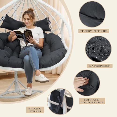 joomie Double Hanging Egg Chair Cushion Replacement Waterproof for Outdoor Patio Basket Egg Chairs, 150x110 cm–2 Seater Premium Thickened 100% Cotton Large Double Eggs Swing Chair Cushions, Black